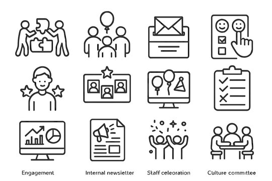 Employee Engagement Icons. Line style icons of employee engagement: team building icon, company event, suggestion box, feedback
