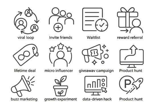Startup Growth Icons. Line style icons of startup growth hacks: viral loop icon, invite friends icon, waitlist boost, reward