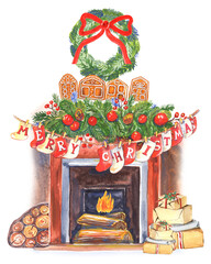 Christmas winter decoration, fireplace, red socks, christmas wreath, firewood, giftbox, cosy home. Watercolor stock illustration. Greeting cards, poster print.