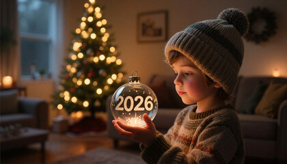 Naklejka premium A child holds a glowing 2026 Christmas tree toy against a Christmas tree background.