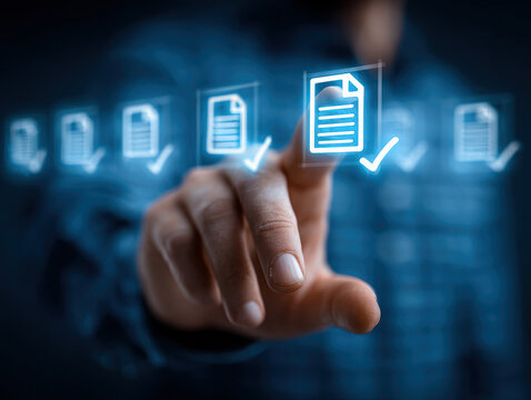 Close-up of a human hand pointing at a floating, glowing blue paper clip icon amidst smaller icons and lines in a digital environment Background is out of focus with muted colors - AI-Generated