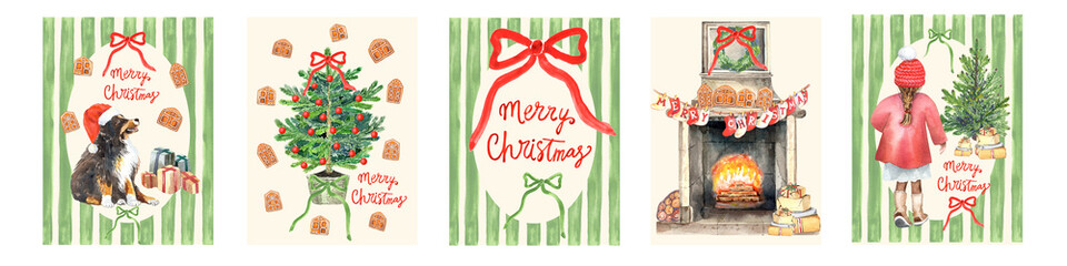 Christmas winter decoration, fireplace, red socks, christmas wreath, firewood, giftbox, cosy home. Watercolor stock illustration. Greeting cards, poster print. Happy dog in red santa claus hat.