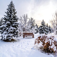 Snowy park scene with bench