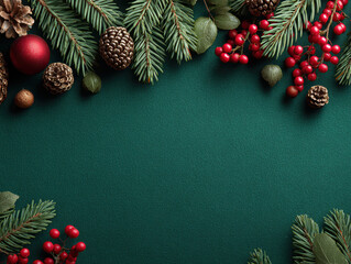 Festive holiday scene with velvet-textured dark green backdrop, pine branches, red berries, acorns, brown hues, symmetrical border, soft ambient lighting, no text or man-made objects, r - AI-Generated