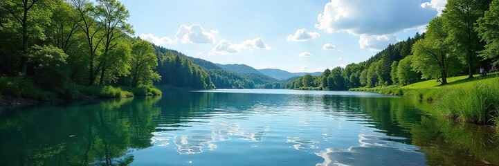 Idyllic sunny day at a serene lake, sparkling water reflecting the bright sky and surrounding lush greenery  Perfect for travel, nature, and summer themes ,  clear,  outdoor,  clouds