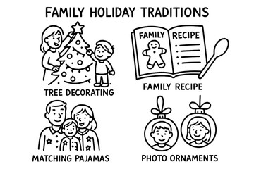 Obraz premium Family Holiday Traditions. Family holiday traditions doodle set: hand drawn icons for tree decorating, family recipe, matching