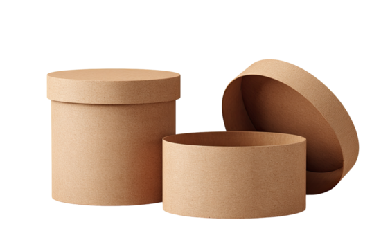 Two light brown cardboard cylindrical boxes, one open
