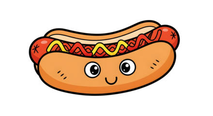 A delightful cartoon hotdog with a cheerful expression, complete with mustard and ketchup, isolated on transparent background this whimsical illustration brings joy and fun