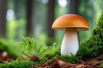Fototapeta premium Penny bun mushroom growing in lush forest floor