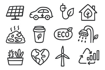 Eco-Friendly Icons Collection. Eco-friendly lifestyle doodle icon set: hand drawn icons of solar panel, electric car, green energy