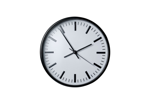 Close-up of a round clock face.  White face with black numerals and hands.  Dark background.  Simple, classic design