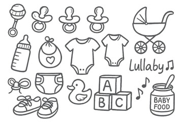 Baby Essentials Doodles. Baby care: hand drawn doodles of rattles, pacifiers, baby bottles, bibs, strollers, onesies, diapers,