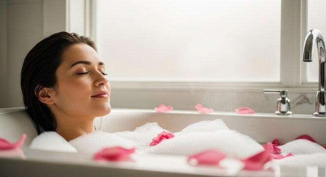 Serene woman relaxes in a luxurious bubble bath with scattered pink rose petals