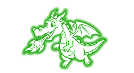 Obraz premium Cartoon illustration of a green dragon isolated on transparent background, breathing fire, ideal for fantasy themes, childrens books, and mythical creature designs