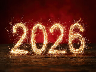 Dynamic, vibrant New Year 2026 celebration image featuring a sparkling 2026 number against a dark backdrop with red gradient White lights and motion blur suggest movement from right - AI-Generated