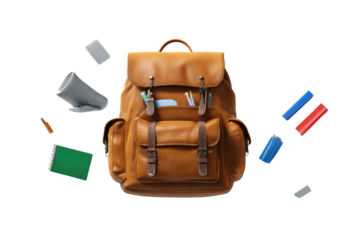 Tan leather backpack with school supplies
