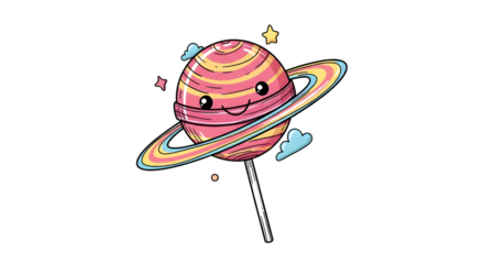 A whimsical planet lollipop isolated on transparent background, perfect for sweet treats, spacethemed designs, and fun illustrations, ideal for adding a touch of whimsy to your projects