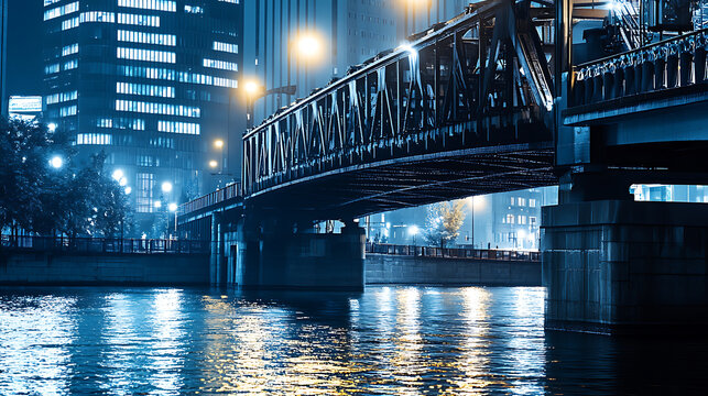 Illuminated Bridge Over a Calm River at Night