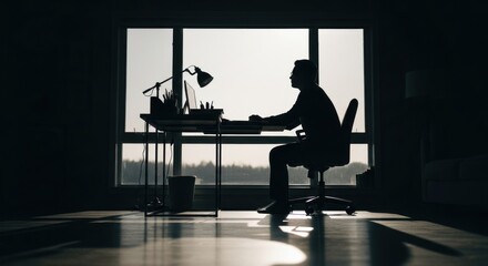 Fototapeta premium Silhouette of a man working at a desk by a bright window