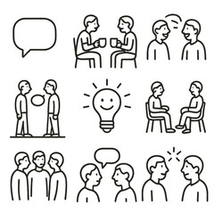 Casual Conversation Icons. Line style icons of casual conversation: small talk bubble, coffee chat icon, laughing in discussion,