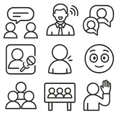 Avatar Interaction Icons. Line style icons of digital avatars in interaction: two avatars with chat line, animated character