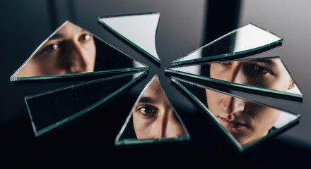 Fragmented human face reflects in broken mirror pieces on a dark background, depicting memory loss, cognitive impairment, and the confusion of Alzheimer's dementia.
