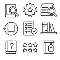 Literary Discovery Icons. Line style icons of literary discovery and exploration: magnifying glass over book cover, new release