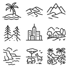 Global Destination Icons. Line style icons of global destinations and environments: tropical island icon, desert sand dunes, snowy