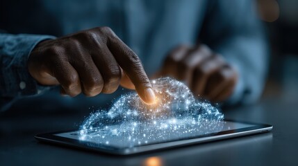 African american man interacts with a cloud data server on tablet device showing digital networking