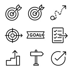 Goal and Target Icons. Line style icons of goal and target arrows: dart hitting target, arrow through bullseye, objective with