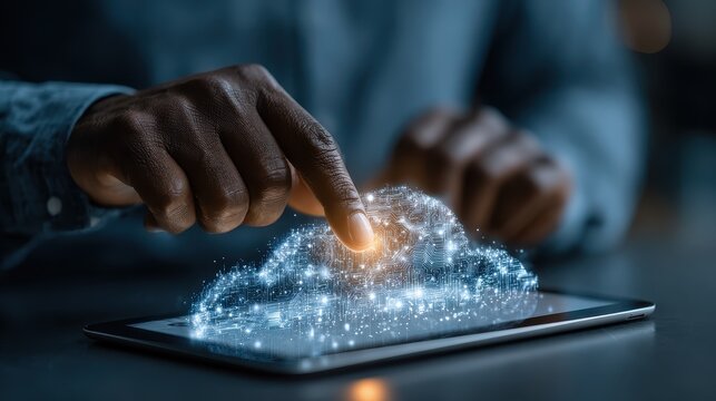 African american man interacts with a cloud data server on tablet device showing digital networking