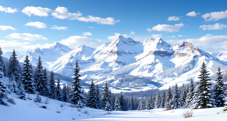 Majestic winter mountain landscape with snow-covered peaks, pine trees, and clear blue sky. Scenic nature view capturing alpine beauty, cold season, and peaceful wilderness atmosphere.