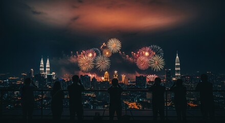 Silhouetted Spectators Watch Fireworks Explode Over Kuala Lumpur's Illuminated Skyline