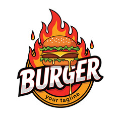 Vector art of fiery burger logo with sesame bun, beef patty, melted cheese, lettuce, and tomato over flames, perfect for restaurant branding, fast food menus, and bold marketing designs