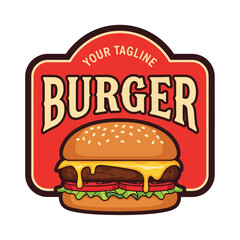 Vector art of burger logo with sesame bun, beef patty, melted cheese, lettuce, and tomato in retro sign design, perfect for restaurant branding, fast food menus, and marketing promotions