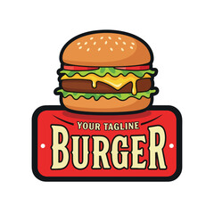 Vector art of burger logo with sesame bun, beef patty, melted cheese, lettuce, and tomato in retro sign design, perfect for restaurant branding, fast food menus, and marketing promotions