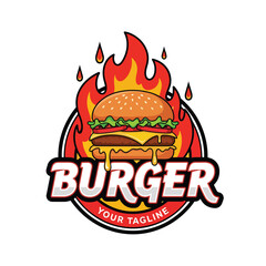 Vector art of fiery burger logo with sesame bun, beef patty, melted cheese, lettuce, and tomato over flames, perfect for restaurant branding, fast food menus, and bold marketing designs