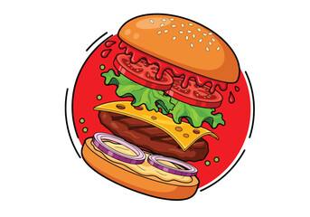 Vector art of burger logo with sesame bun, beef patty, cheese, lettuce, tomato, onion, and sauce in a bold emblem design, perfect for restaurant branding, fast food menus, and promotions
