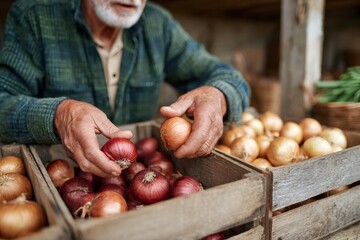 Farmer proudly displaying his freshly harvested onions at a farmers market
