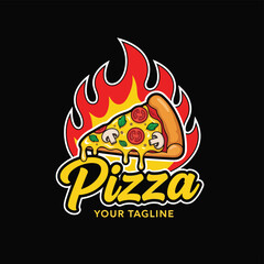 Vector art of hot pizza logo with cheesy slice, mushrooms, tomatoes, and basil over fiery flames, perfect for restaurant branding, fast food marketing, or menu design