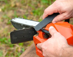 Man sharpening chainsaw chain