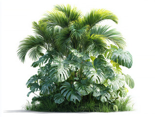 A digital illustration of tropical plants, featuring high-fidelity palm fronds and undergrowth Varying shades of green, detailed leaf veins, subtle gradients, soft lighting, and a neut - AI-Generated