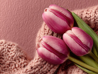 Close-up of two pink tulips on a textured, pale-to-white gradient surface Soft focus, vibrant pastel colors, overhead light casting shadows Themes could include beauty, nature, floral - AI-Generated