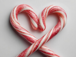 Heart-shaped arrangement of red and white candy canes, symmetrically arranged to form a heart shape against a neutral background Soft lighting accentuates the natural colors without ha - AI-Generated
