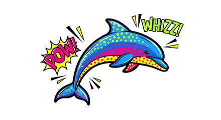 Fototapeta premium Dive into fun with this vibrant dolphin isolated on transparent background, bursting with comic book energy, featuring bold colors, dynamic action, and playful sound effects