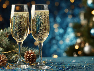 Two champagne flutes with sparkling white wine, arranged against a holiday-themed backdrop of pine cones and blue glittering decorations Warm lighting enhances the bubbling content and - AI-Generated