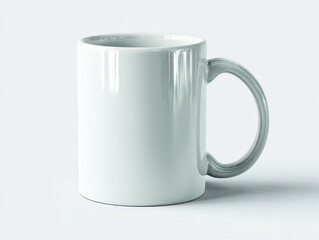 White ceramic mug with side handle, against light grey backdrop Minimalistic design, matte finish, naturalistic lighting casting soft shadows Perspective taken from above for clear vi - AI-Generated