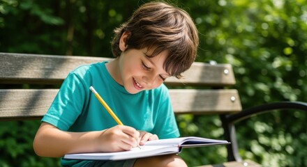 Smiling boy engrossed in writing with a pencil on a park bench outdoors