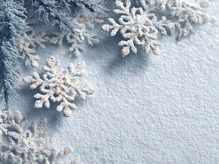 Close-up of varying snowflakes against a light blue, textured backdrop resembling frosted glass or paper Intricate patterns visible with focus on the left side gradually blurring towar - AI-Generated