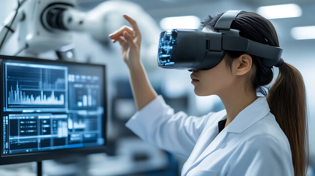 Scientist using VR headset in a high-tech laboratory environment